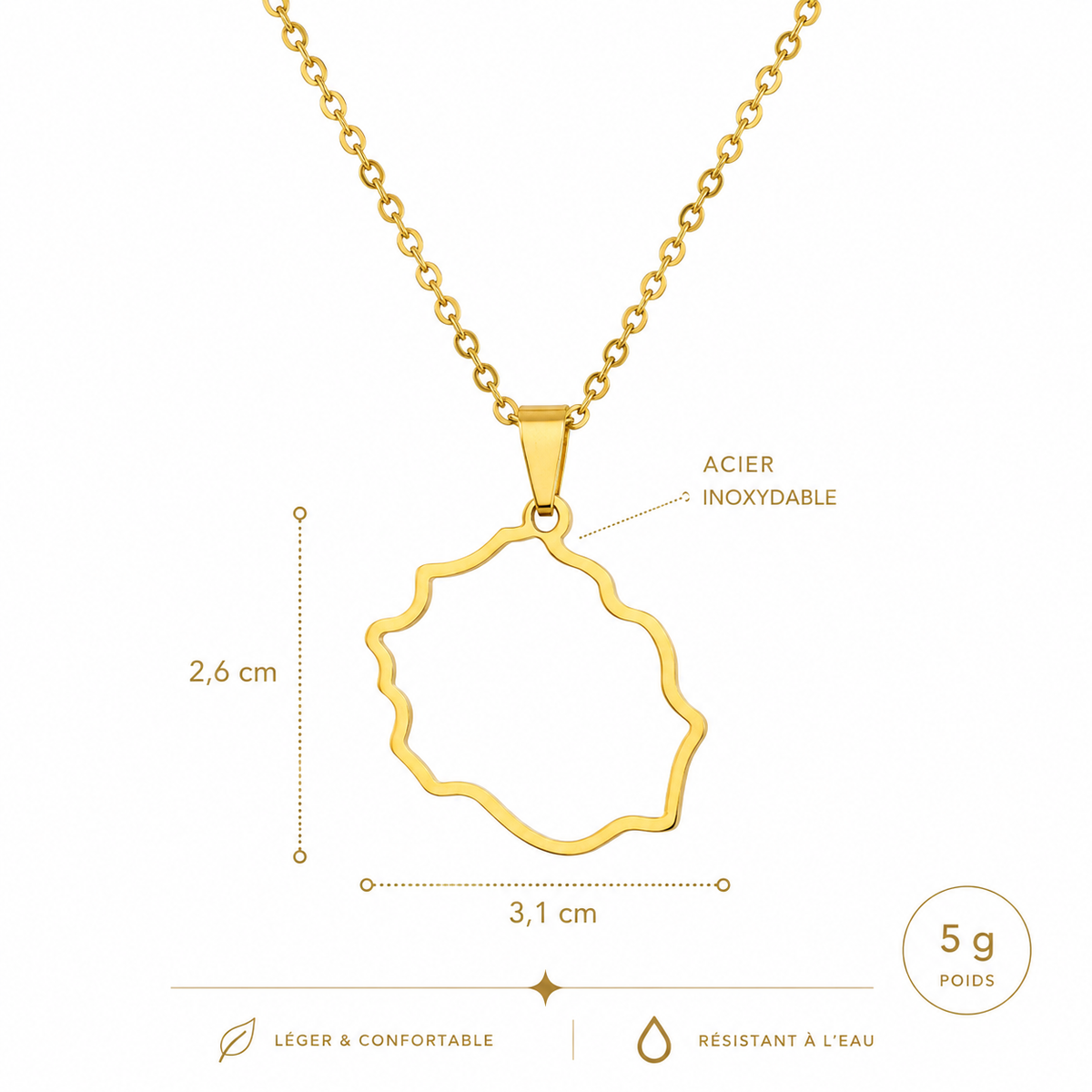 Dimensions du pendentif carte de La Réunion en acier inoxydable, finition dorée
