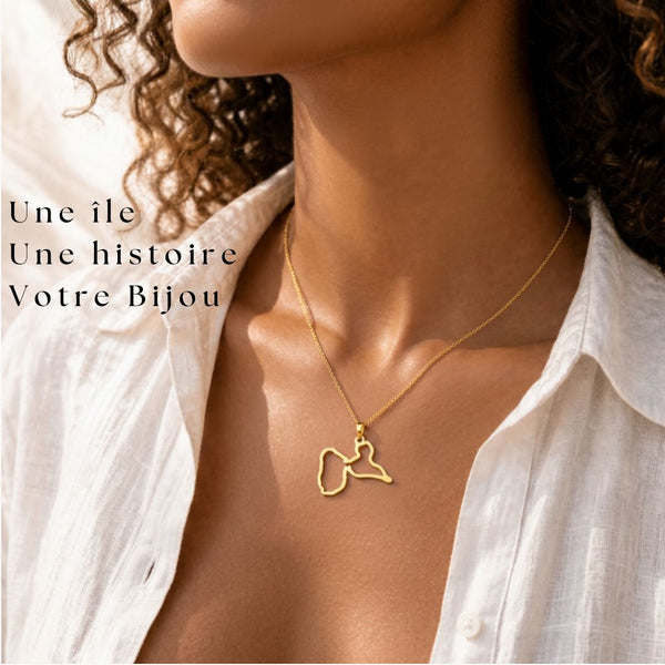 Pendentif carte de la Guadeloupe porté, Collection ORIGINES L'Empreinte des Îles